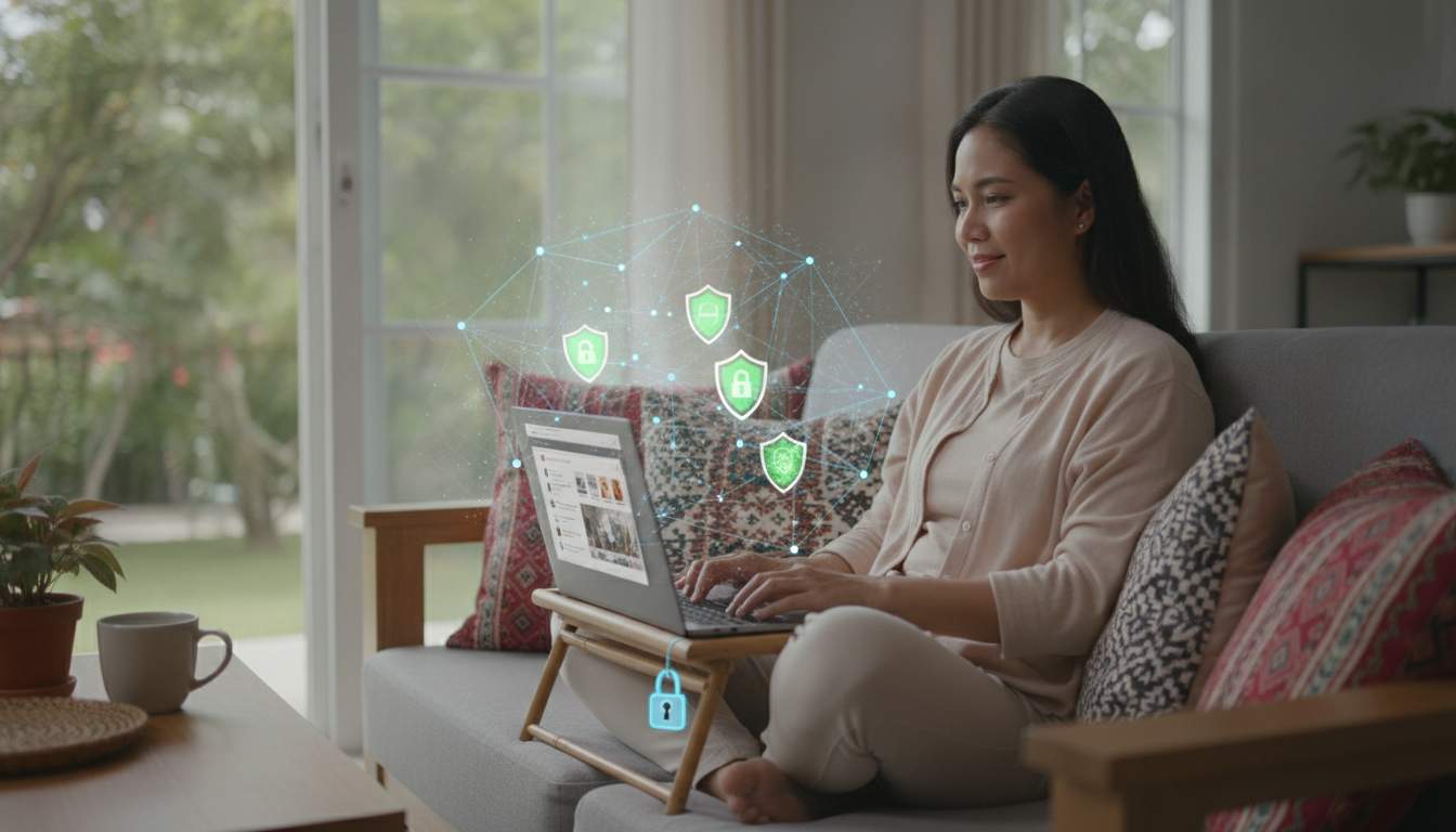Woman from the Philippines using a laptop in a cozy home environment.